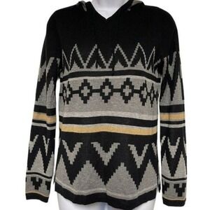 Hooked Up by LOT Womens Southwestern Geometric Hoodie Sweater Black Grey Small